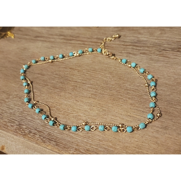 Jewelry - Double Layer Turquoise & Gold Choker Necklace